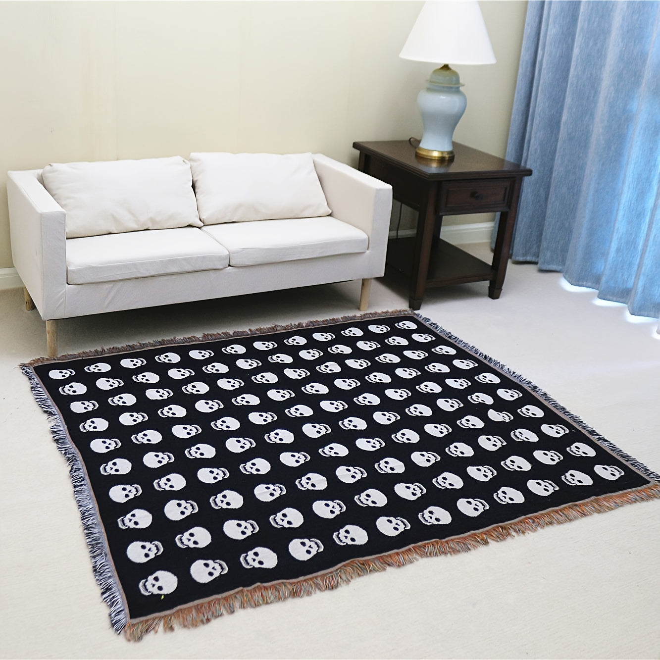 Cozy Bohemian Blanket with White Skull Print & Tassel Trim
