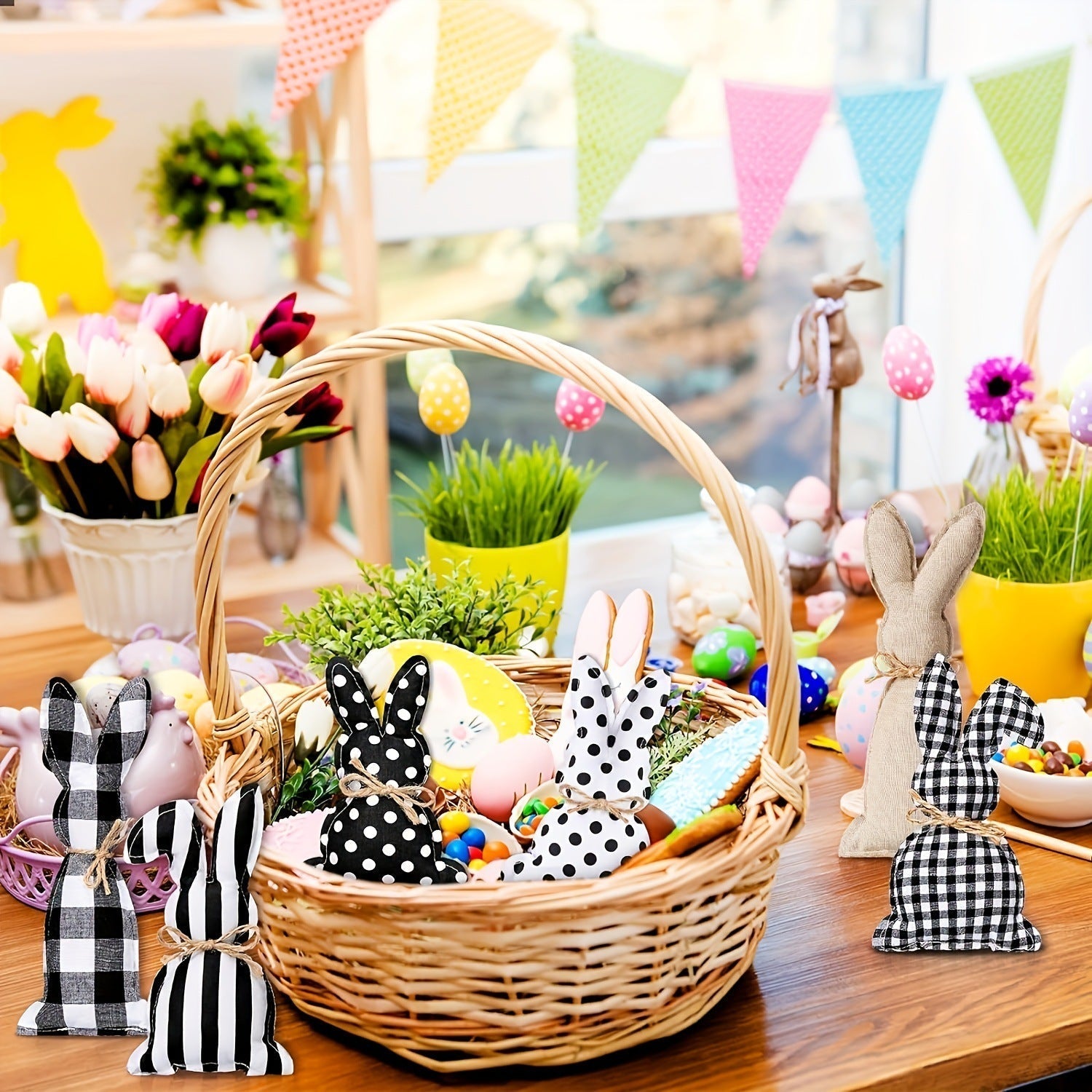 Set Of 6 Easter Bunny Decor With Polka Dot Baskets