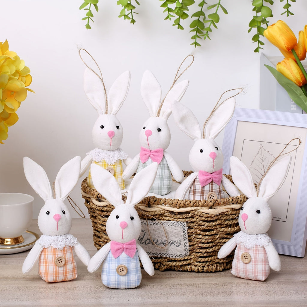 6Pcs Easter Bunny Plush Decorations With Bow Ties