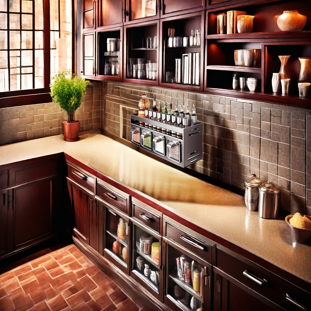 Wall-Mounted Aluminum Spice Rack with Clear Jars