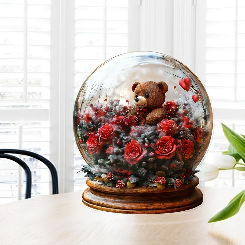 Acrylic Crystal Ball Ornament With Teddy Bear And Roses