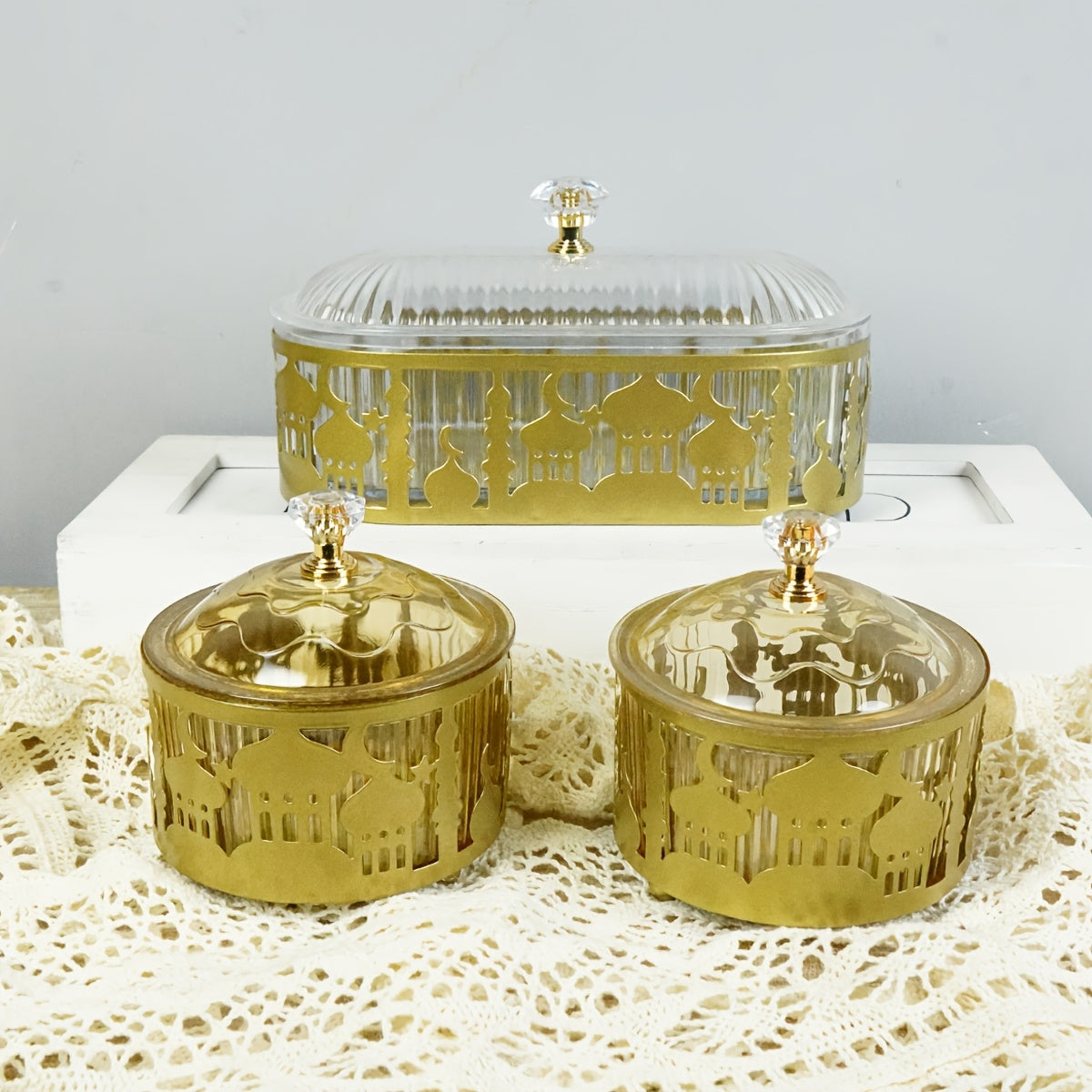 3pcs Metal Ramadan Oval Tray Set Jewelry Organizer