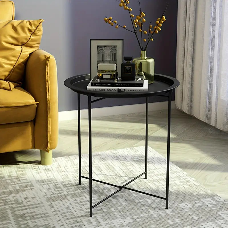 1 tier Black Round Coffee Table with Detachable Tray - Metal Edge Design