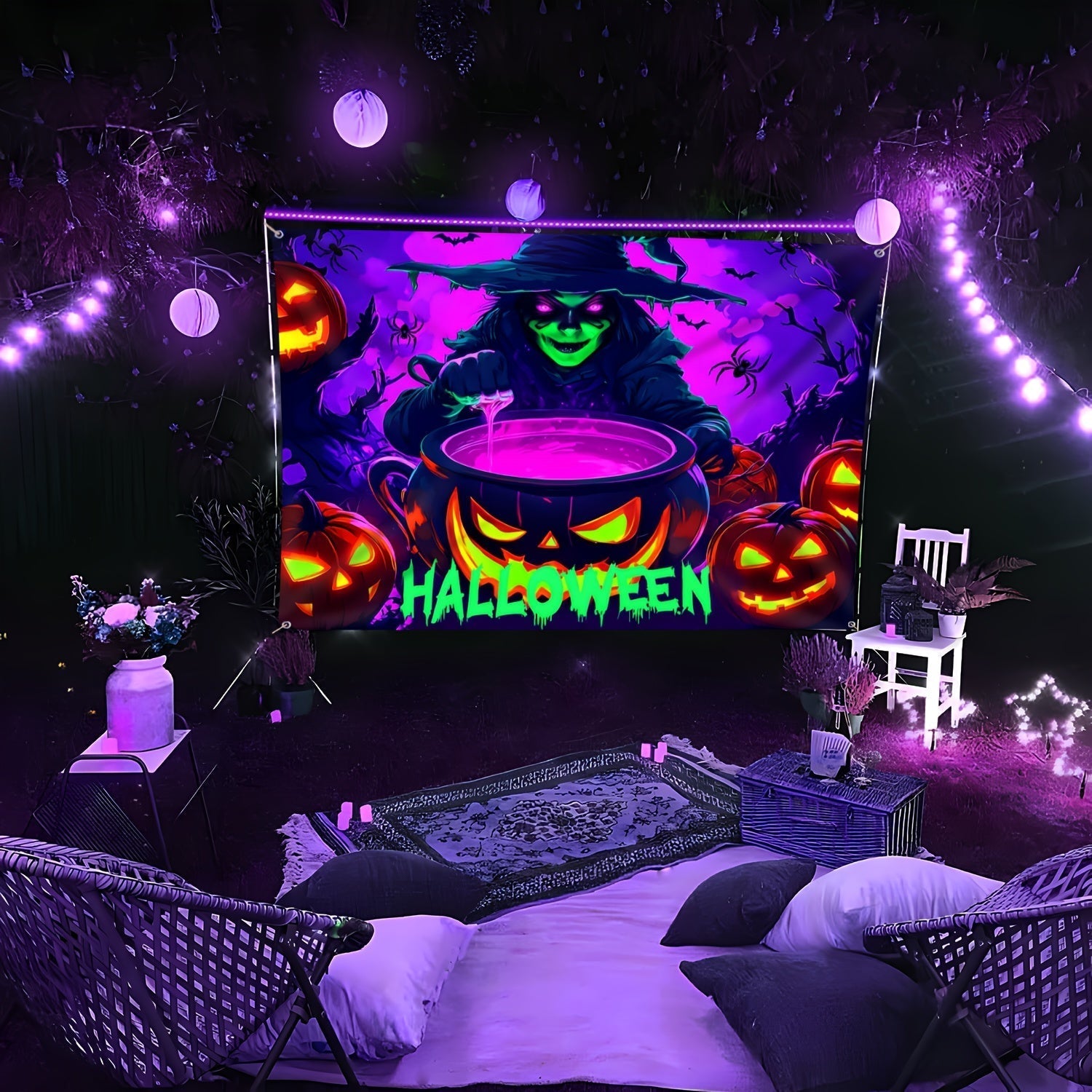 Witch and Pumpkin Glow-in-the-Dark Halloween Tapestry