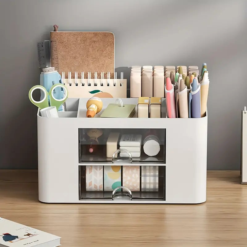 White Pen Organizer with 2 Drawers - Multi-Functional Desk and Office Supplies Holder- White