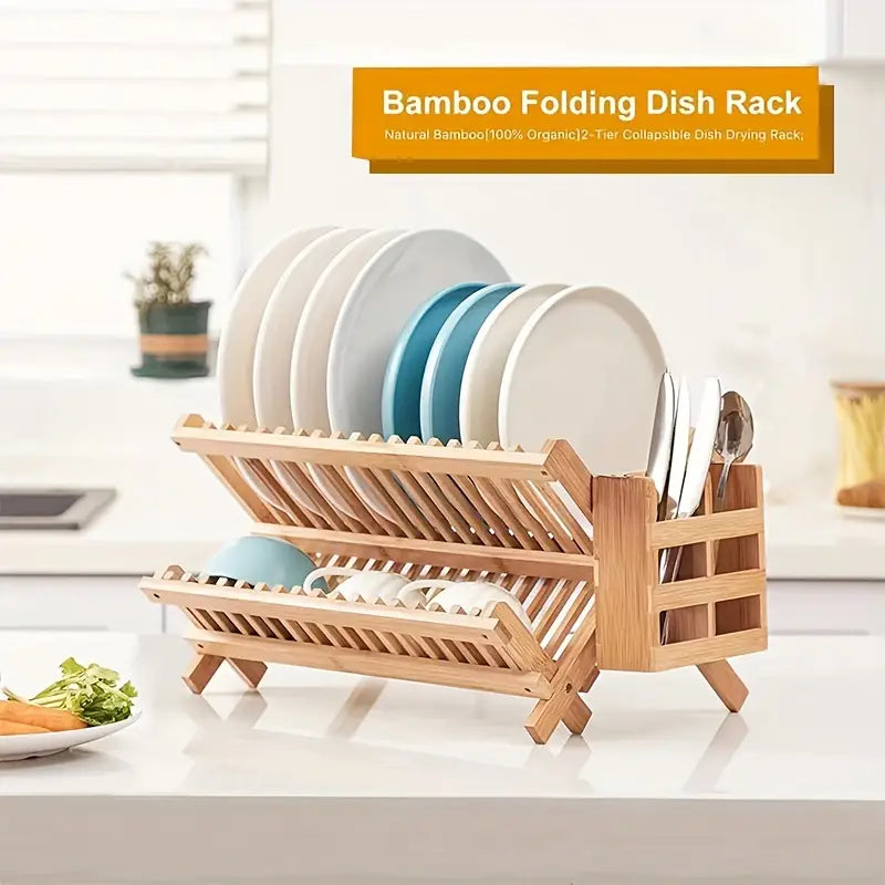 High Quality Natural Bamboo Dish Rack - Foldable and Compact