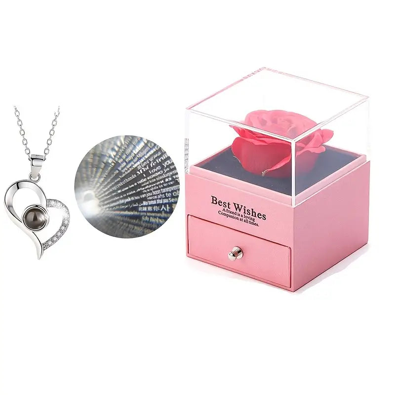 Romantic Heart Necklace and Soap Flower Rose Set - Pink