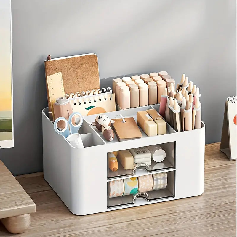 White Pen Organizer with 2 Drawers - Multi-Functional Desk and Office Supplies Holder- White
