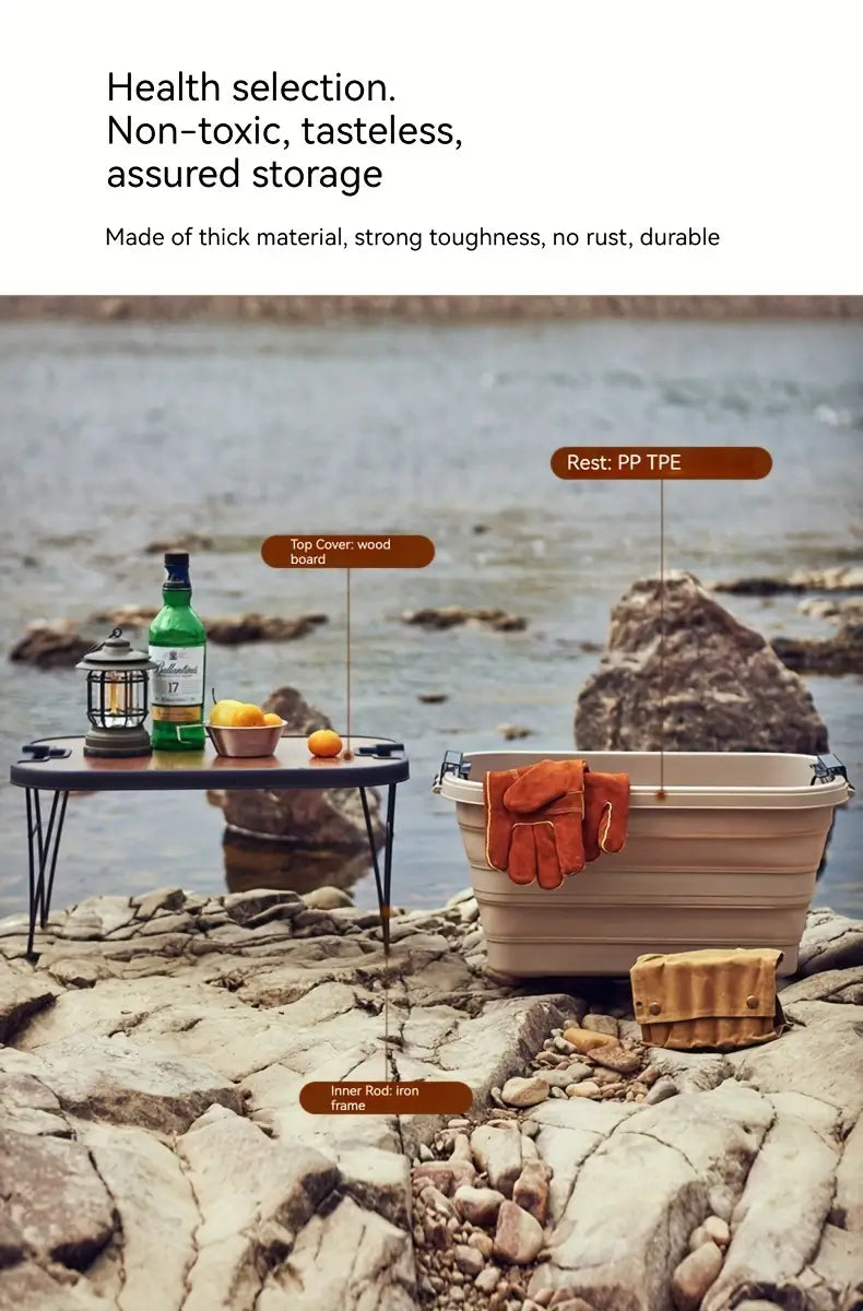 1 Set Outdoor Camping Folding Storage Box with Wooden Lid - Coffee Color