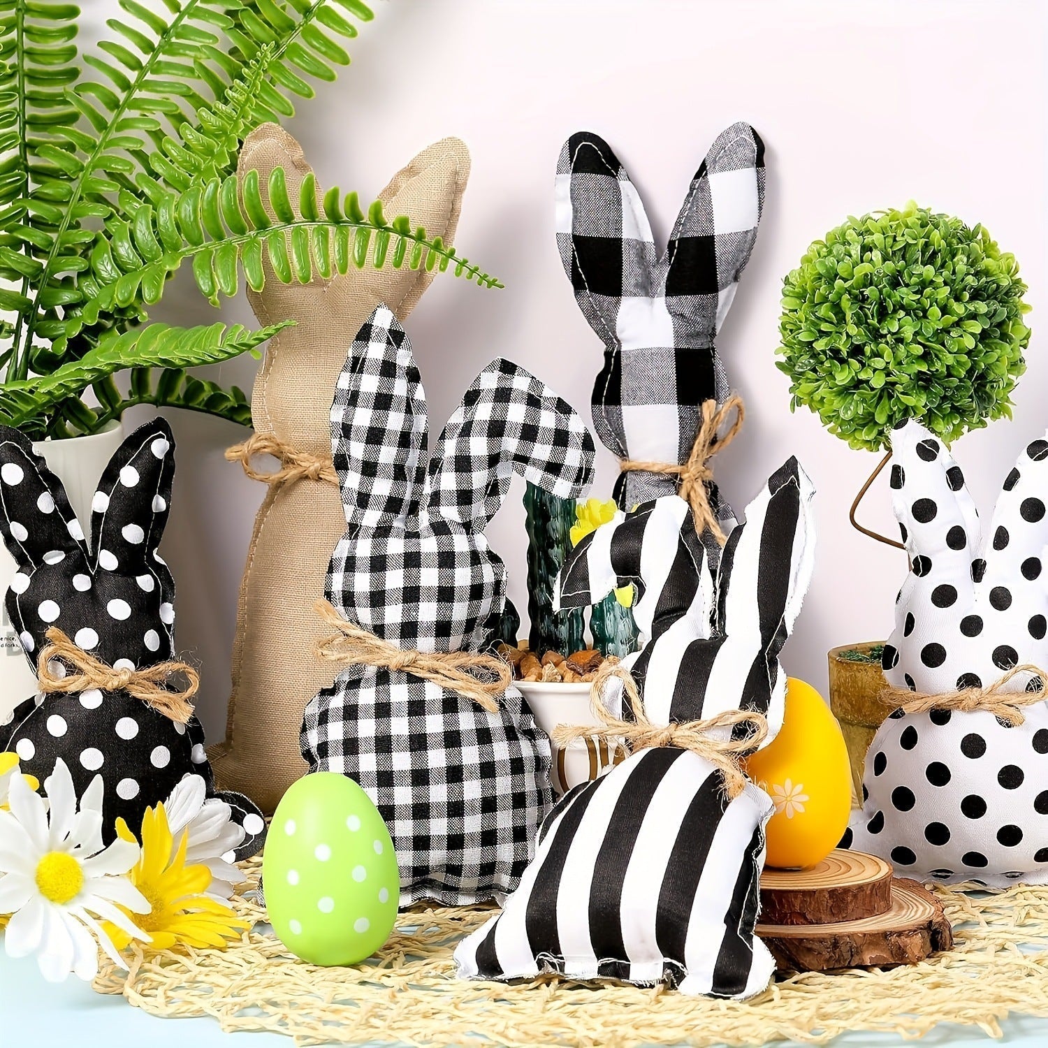 Set Of 6 Easter Bunny Decor With Polka Dot Baskets