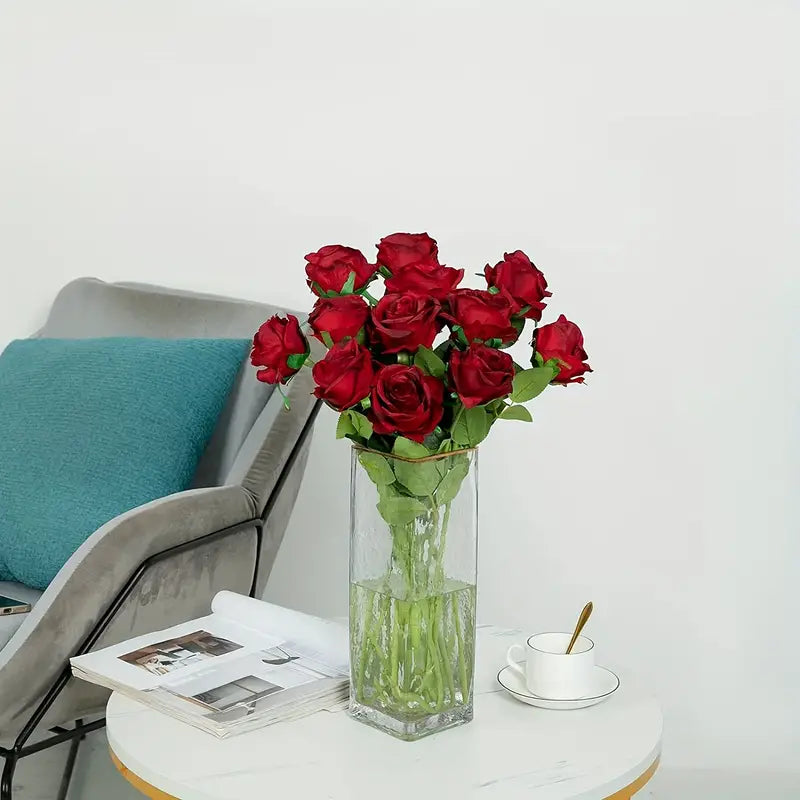 12-Piece Realistic Artificial Rose Bouquet - Red Long Stem Roses for Floral Arrangements