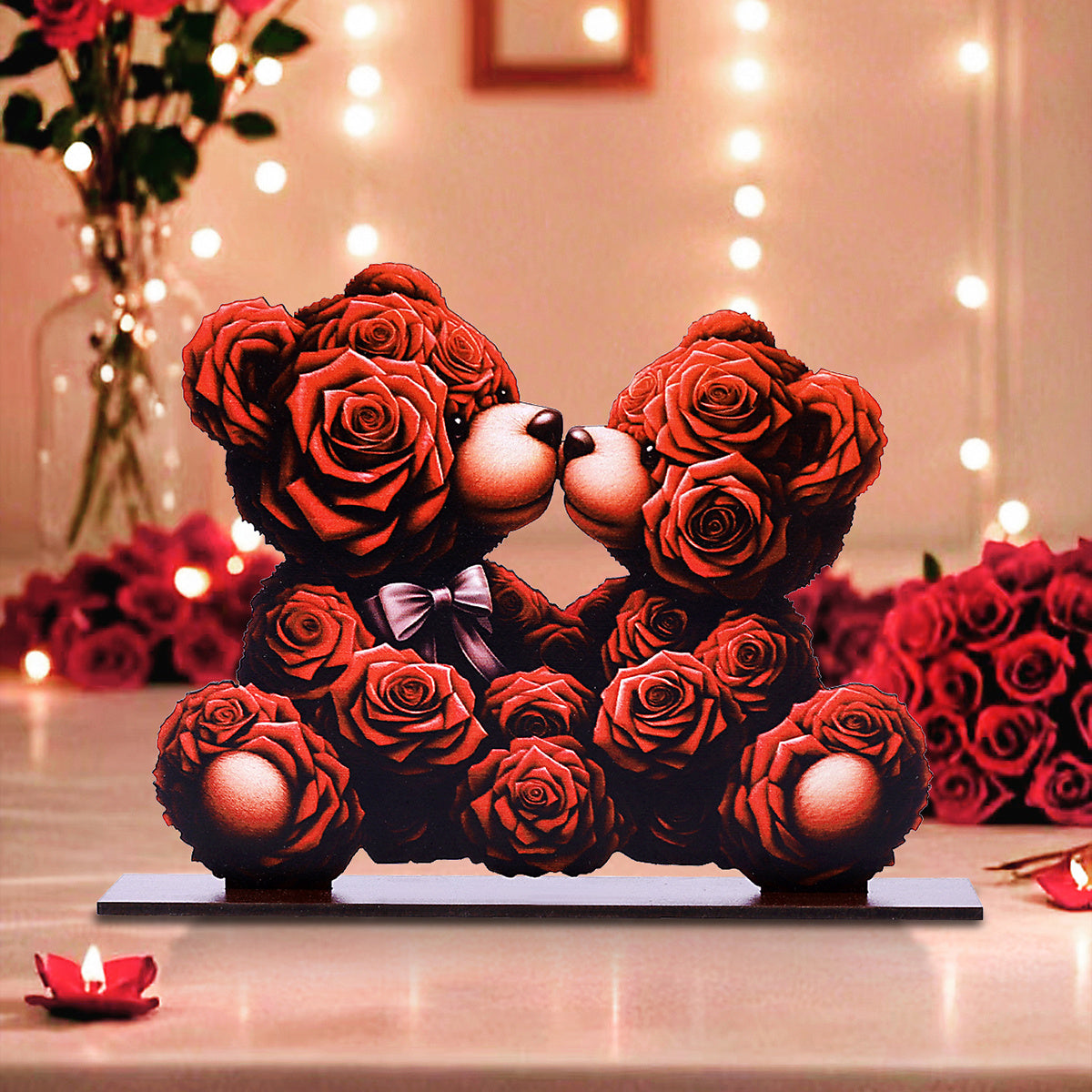 Romantic Wooden Rose Bear Ornament
