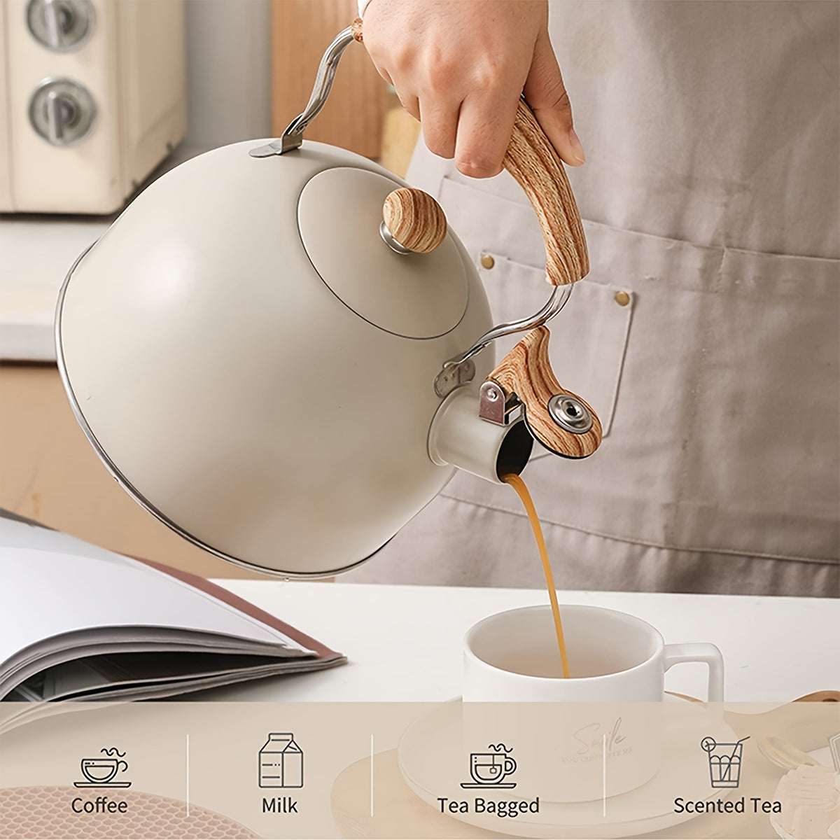 Kettle Creamy White with Wood Handle
