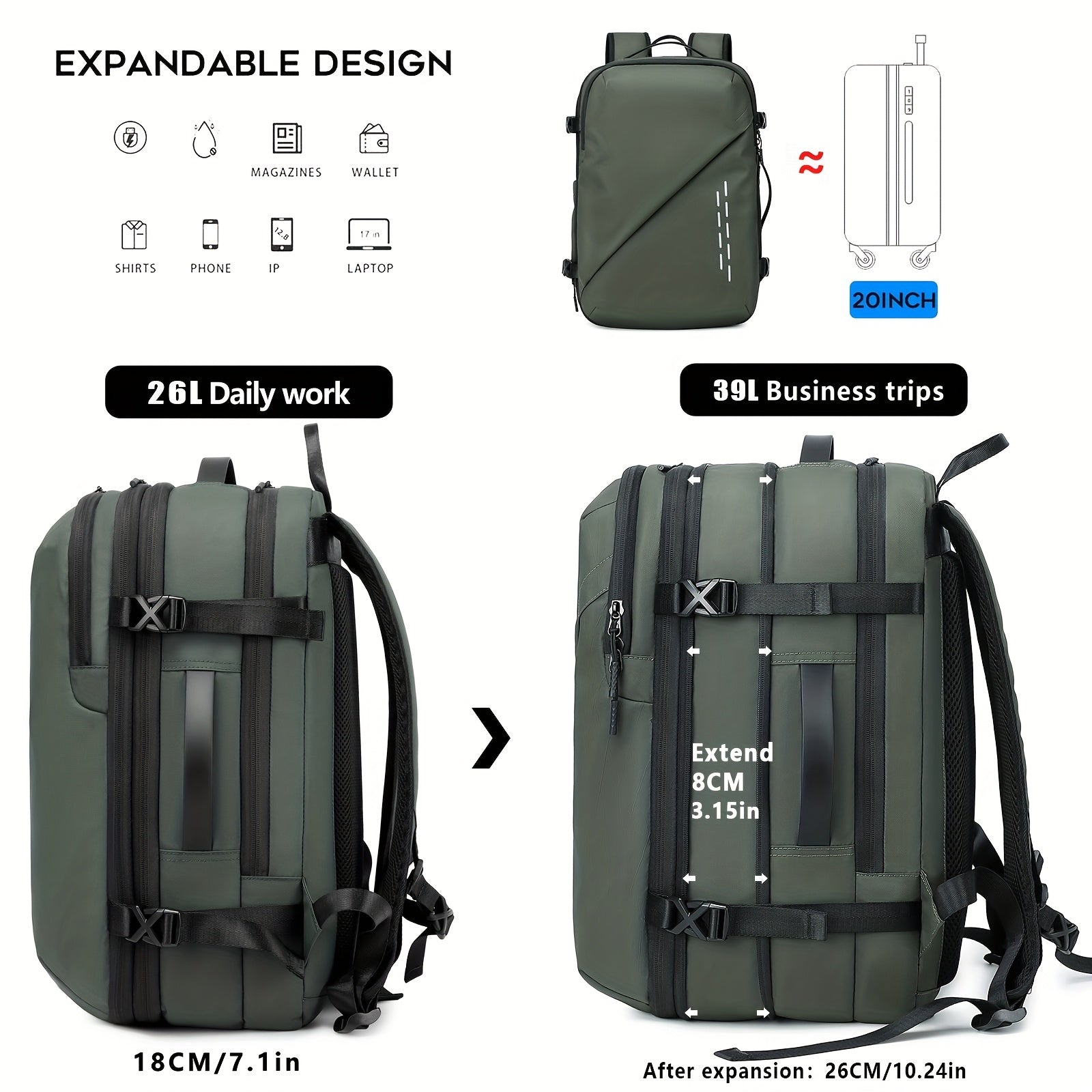 Large Anti-Theft Expandable Men's Laptop Backpack