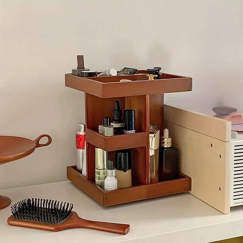 360° Rotating Wooden Cosmetic Storage Shelves - Brown Vanity Shelf