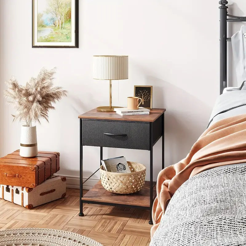 Rustic Black Metal Nightstand with Fabric Drawer
