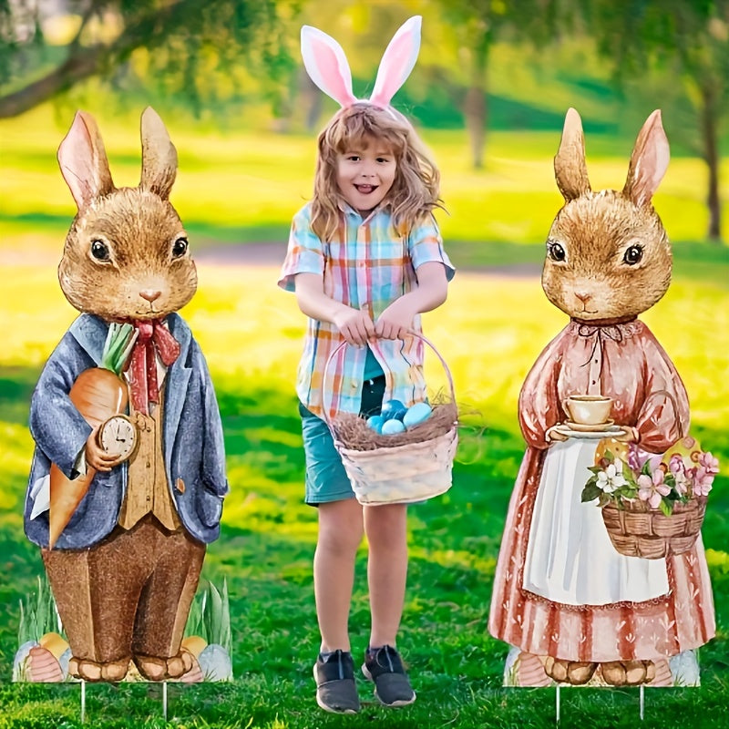 Wooden Rabbit and Flower Garden Signs Set