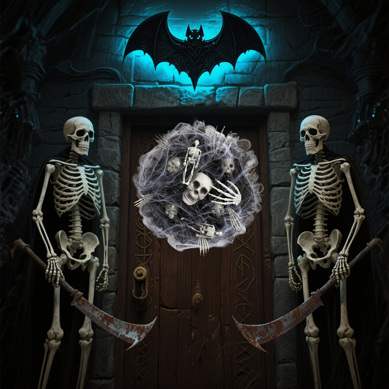 Halloween Skull Wreath Black Mesh Door Hanging