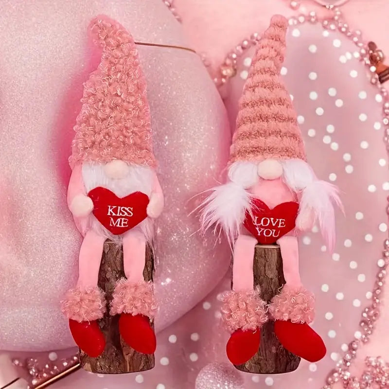 Romantic Handmade Plush Valentine's Day Gnome Decor Set - Long Leg Love Heart Design