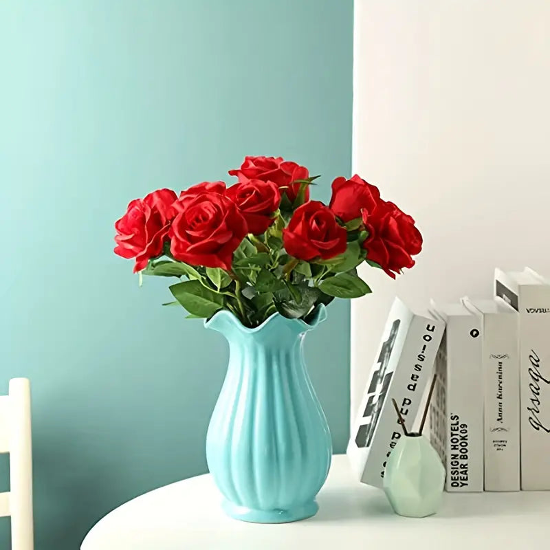 12-Piece Realistic Artificial Rose Bouquet - Red Long Stem Roses for Floral Arrangements