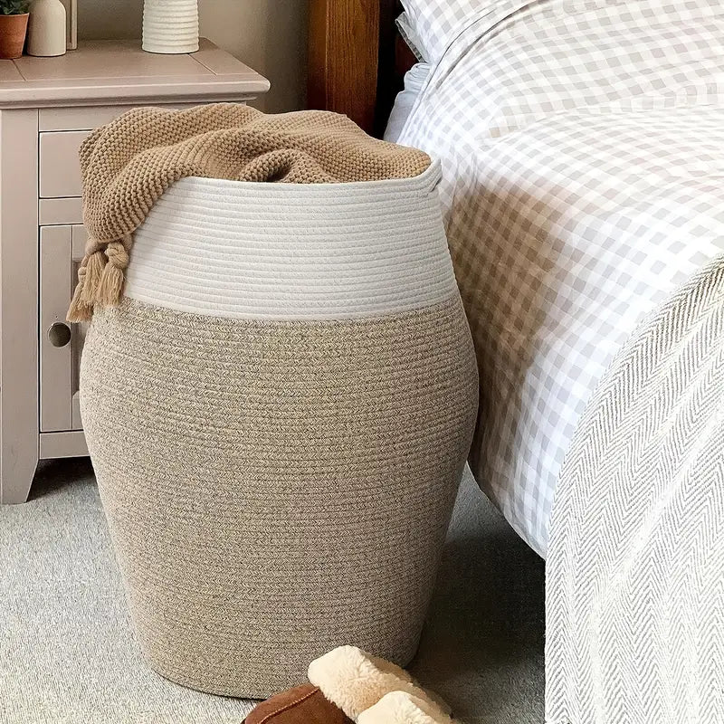 Woven Cotton Laundry Basket with Curve Shape and Handles - Large