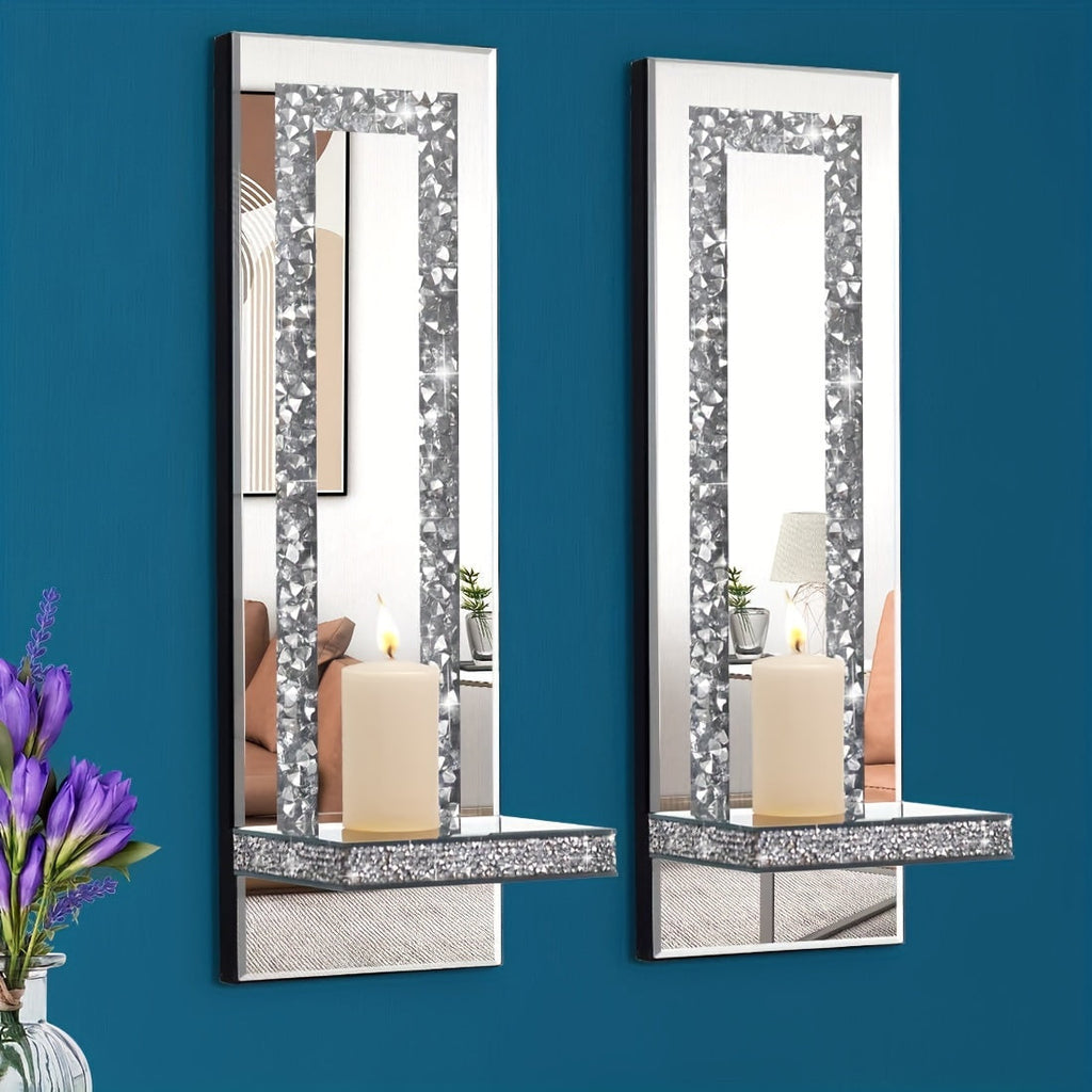 Wall Mirror Candle Holder Set with Silver Diamonds