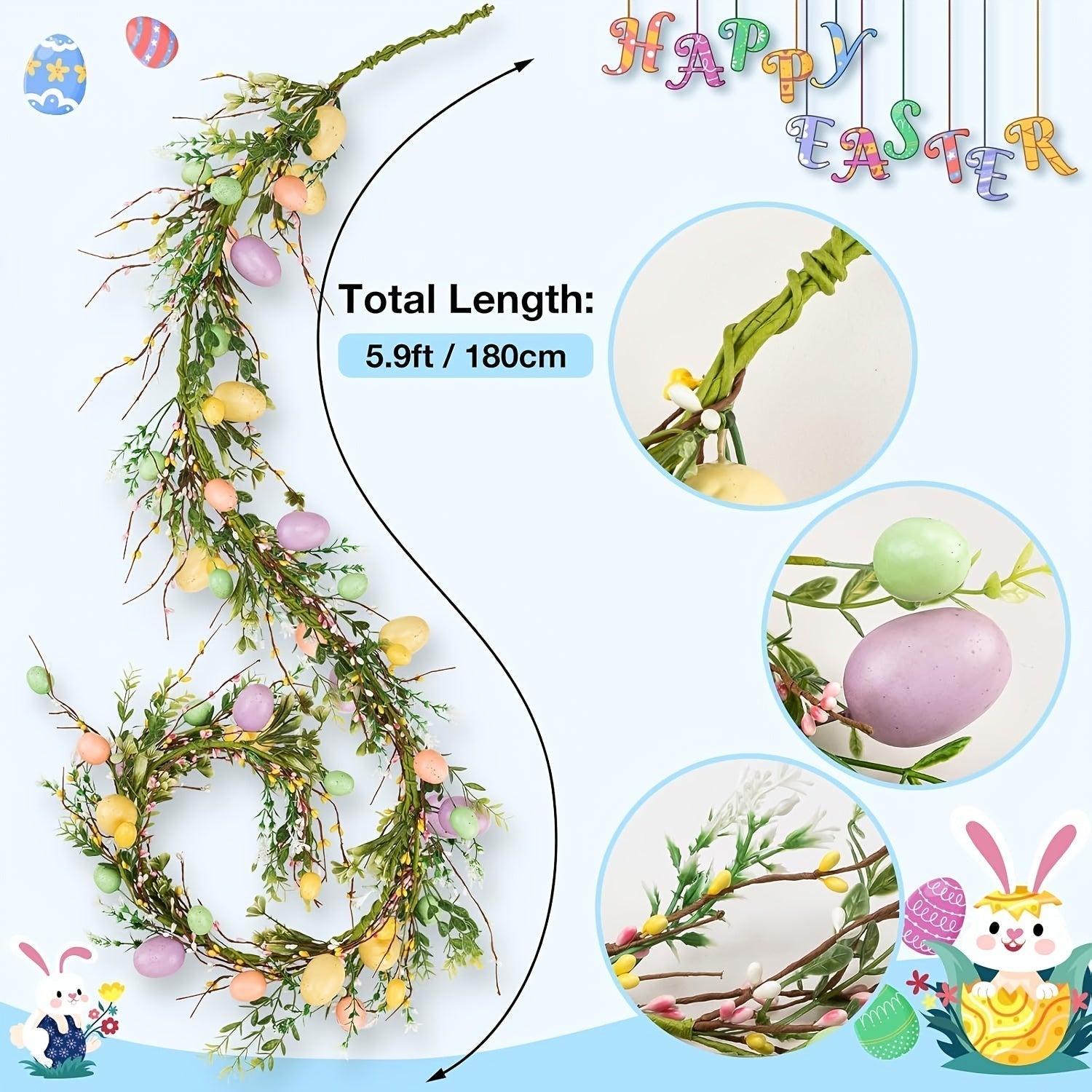 Colorful Easter Egg Vine Wreath Holiday Decoration