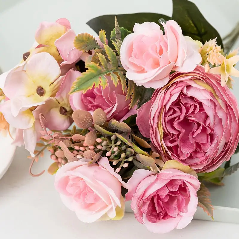 Pink Pearl Rose Peony Bouquet - Elegant Artificial Flower Arrangement