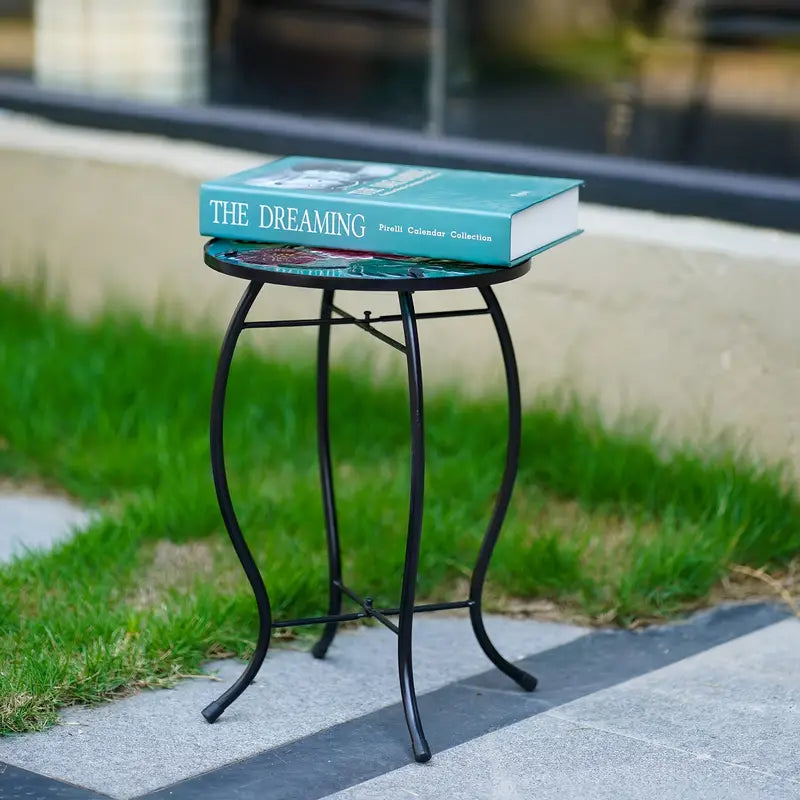 Terrance Floral Patio Side Table - Small Outdoor Glass End Table
