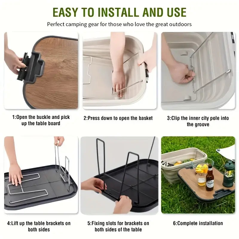 1 Set Outdoor Camping Folding Storage Box with Wooden Lid - Coffee Color