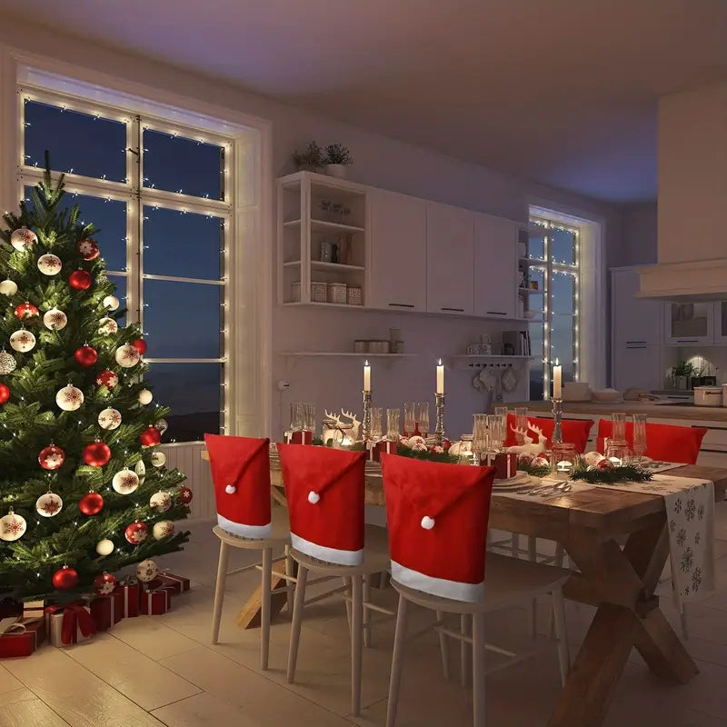 4Pcs Christmas Chair Covers - Santa Claus Red Hat Snowflake Chair Xmas Cap