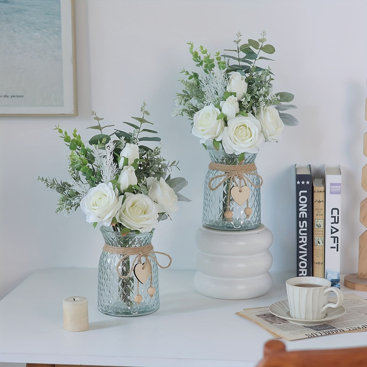 Artificial Fabric Roses & Eucalyptus Floral Arrangement