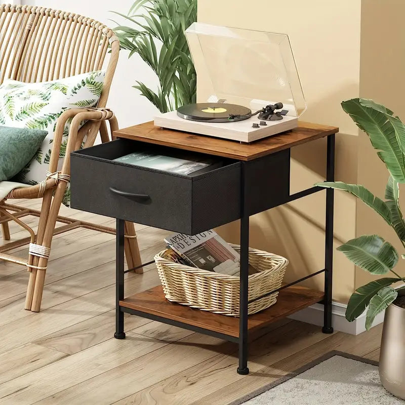Rustic Black Metal Nightstand with Fabric Drawer