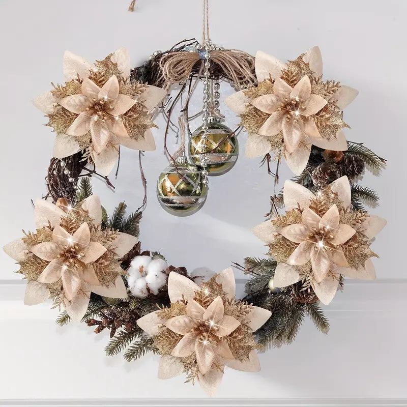 12pcs Glitter Christmas Tree Poinsettias - Festive Decorations with Clips and Stems