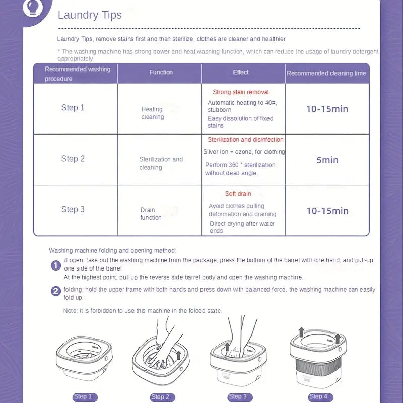 Portable Mini Washing Machine - Collapsible, 8L Capacity, 3 Sterilizing Modes, Purple