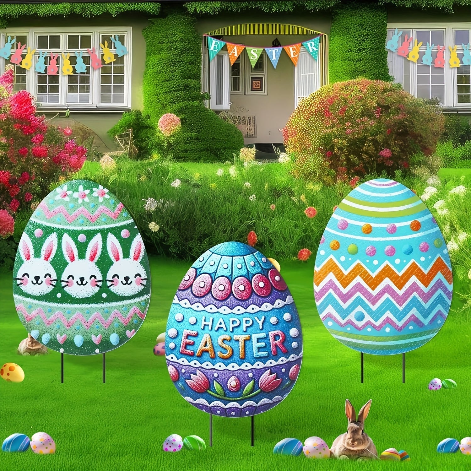 2D Easter Egg Yard Decorations with Metal Stakes