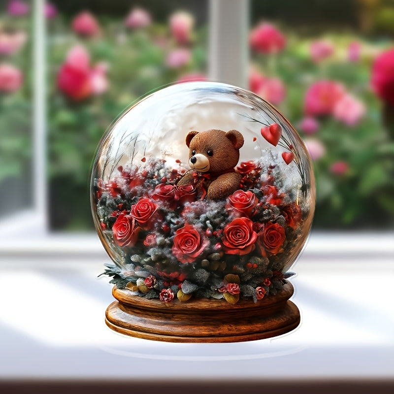 Acrylic Crystal Ball Ornament With Teddy Bear And Roses