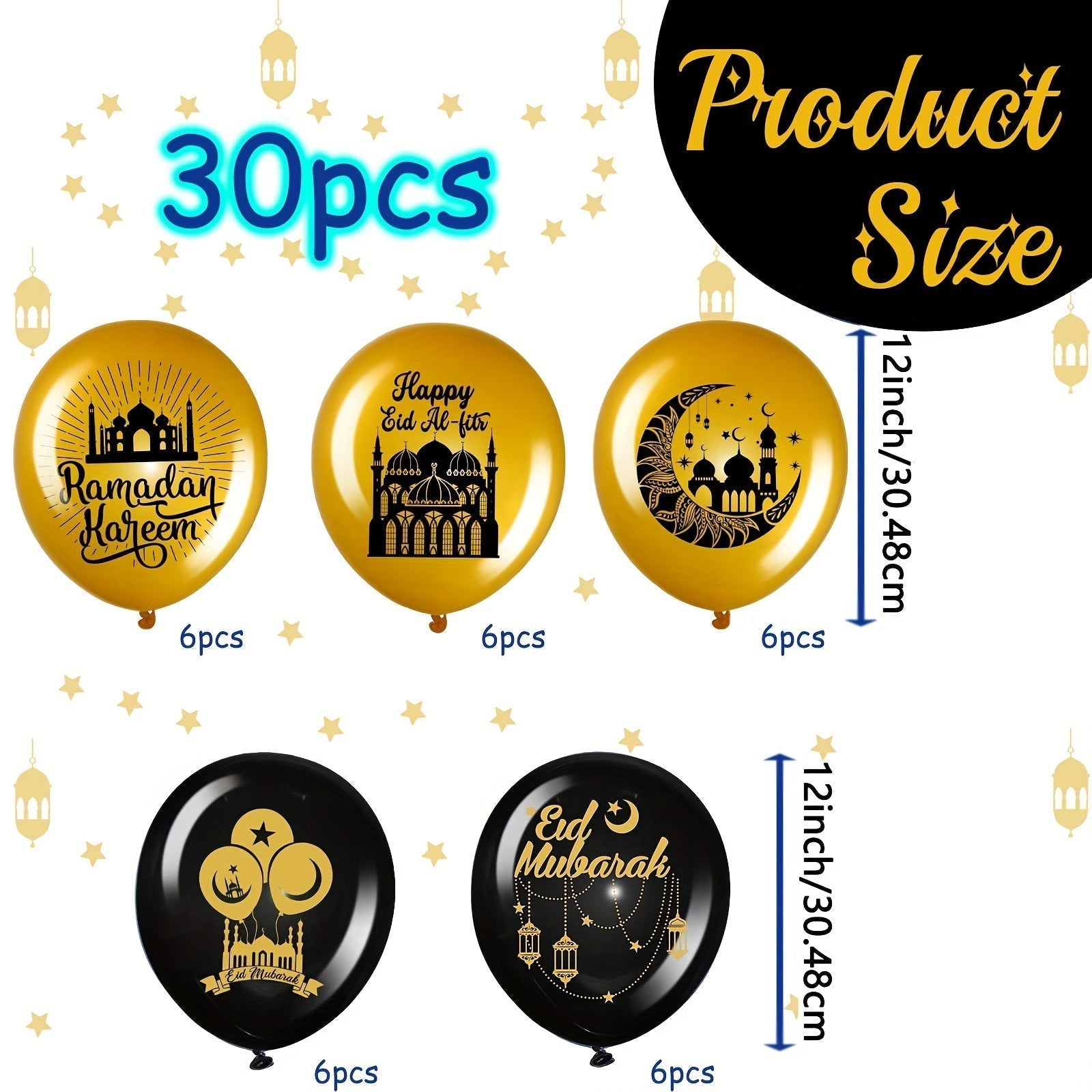 30pcs Black Gold Ramadan Mubarak Balloons