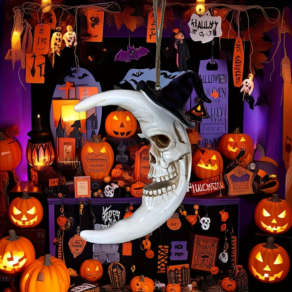 Skull Moon Hanging Halloween Decoration with Witch Hat