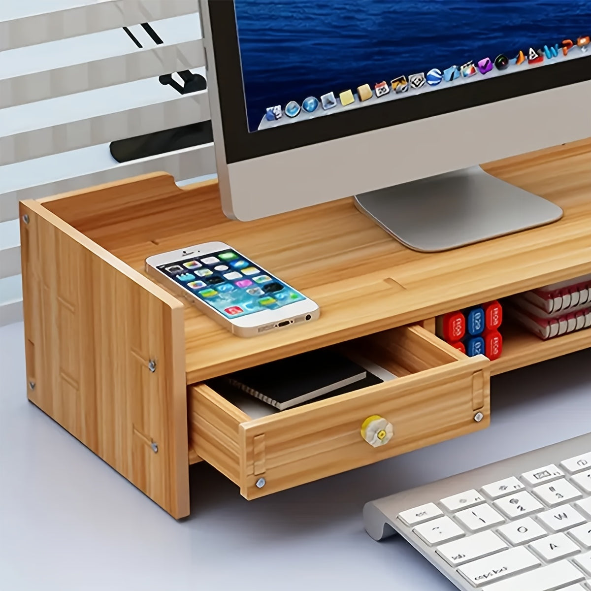 Wood Monitor Stand with Drawer & Keyboard Tray