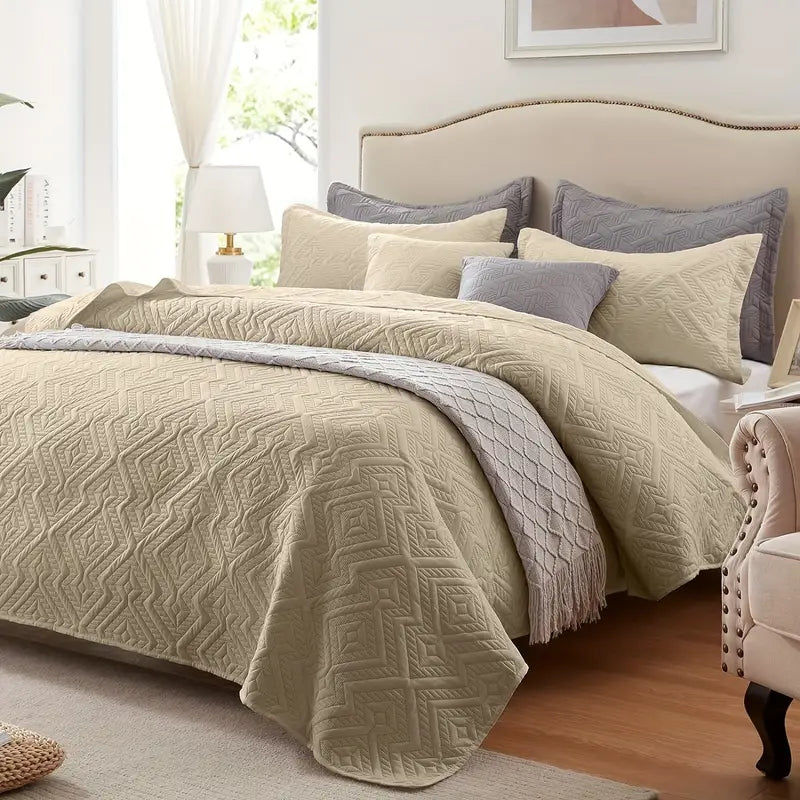 Beige Microfiber 3-Piece 150GSM Bedspread Set - Queen Size