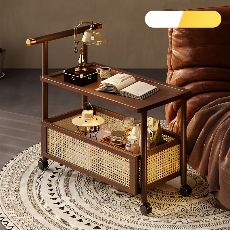 Golden Mobile Side Table with Wheels and Storage