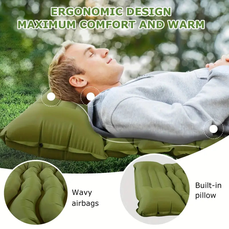 Ultimate Green Comfort Outdoor Inflatable Camping Mattress with Built-in Pillow