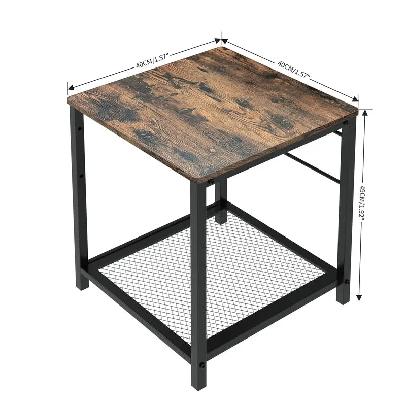 2-Tier End Table Nightstand with Storage Shelf - Rustic Brown+Black