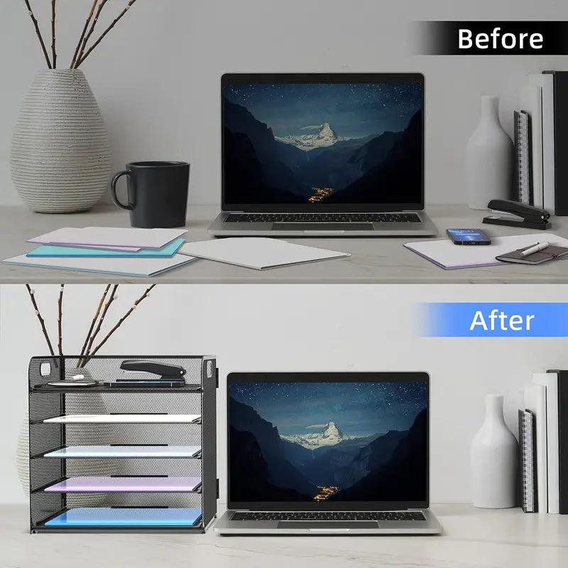 Black Mesh Desktop File Organizer - 5-Layer, Portable and Sleek Design