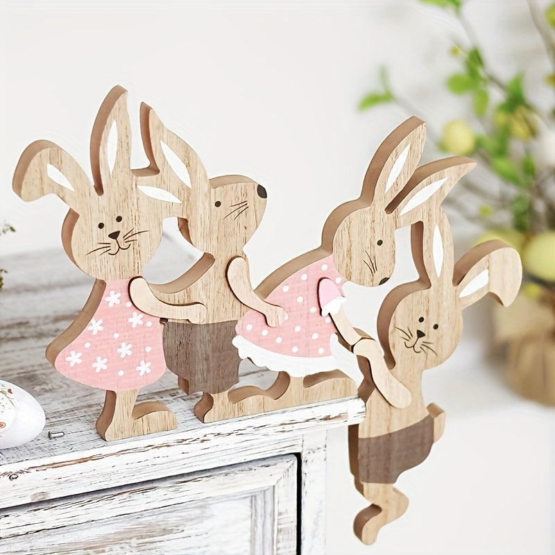 Rustic Wooden Easter Bunny Family Ornament 3D Decoration