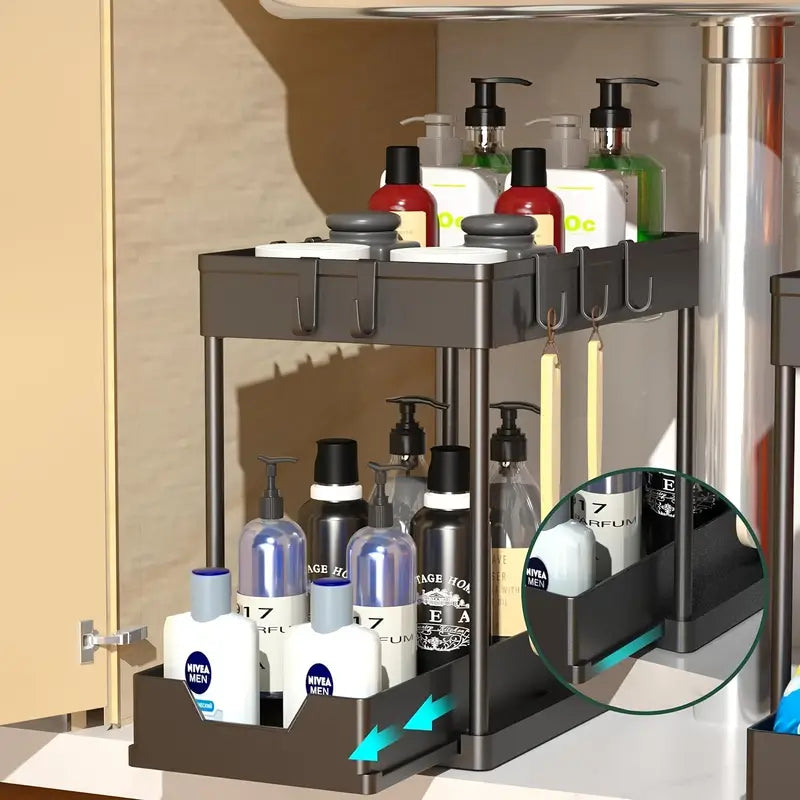Pull Out Under Sink Storage Rack - Kitchen & Bathroom Organizer