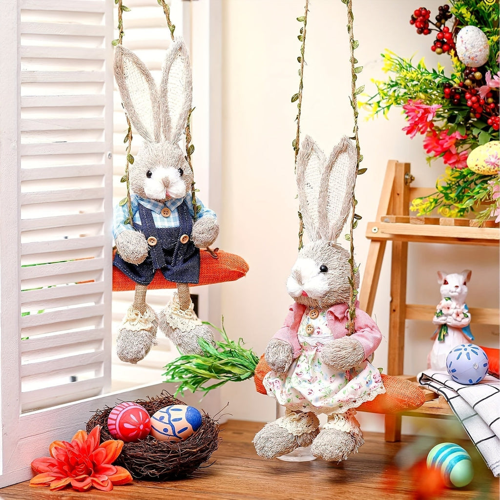 2pcs Easter Hanging Rabbit Statue with Carrot Swing