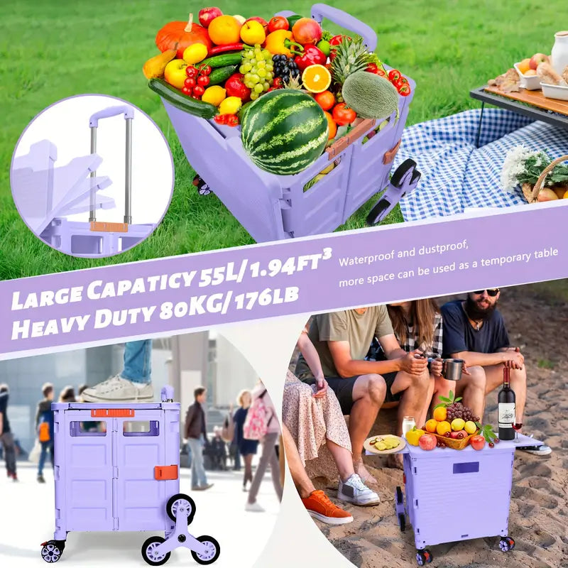 Portable Folding Cart with Stair Climbing Wheels- Purple