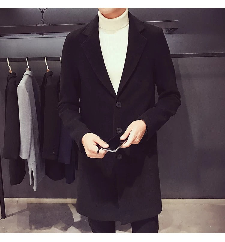 Men's Cotton Wool Blend Long Windbreaker Coat (Black)